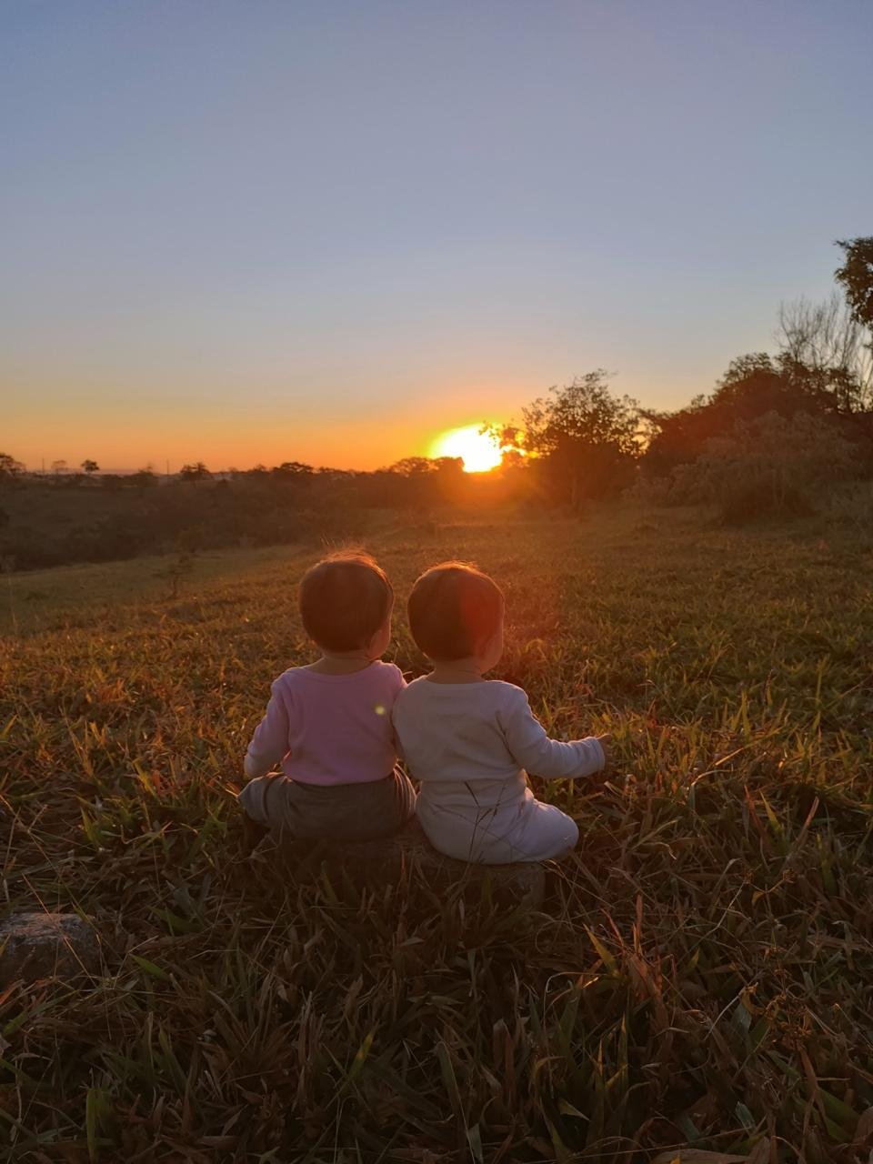 As gêmeas sentadas olhando o pôr do sol